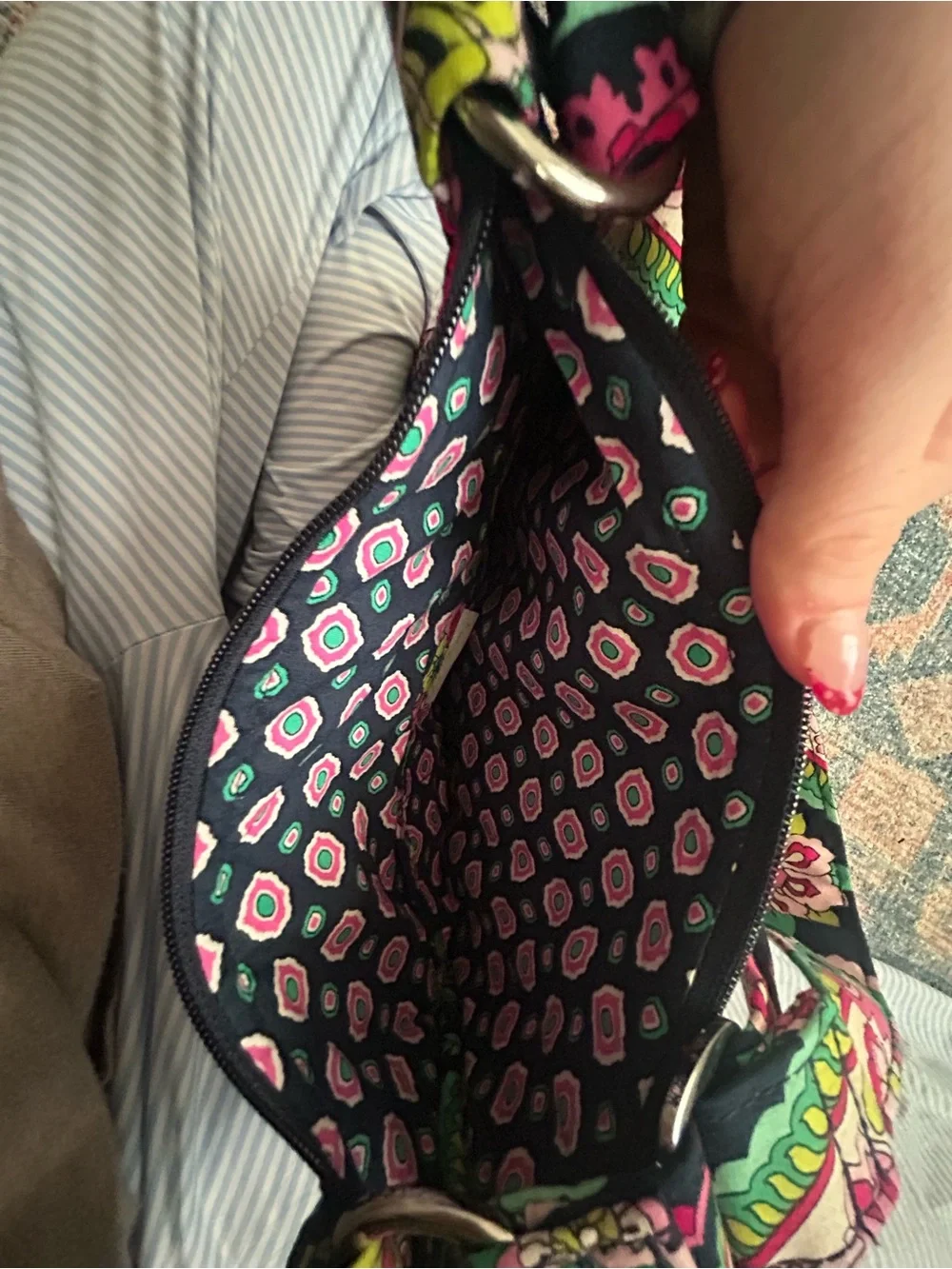 Vera Bradley Navy Tote with Pink and Green Floral Geometric Print